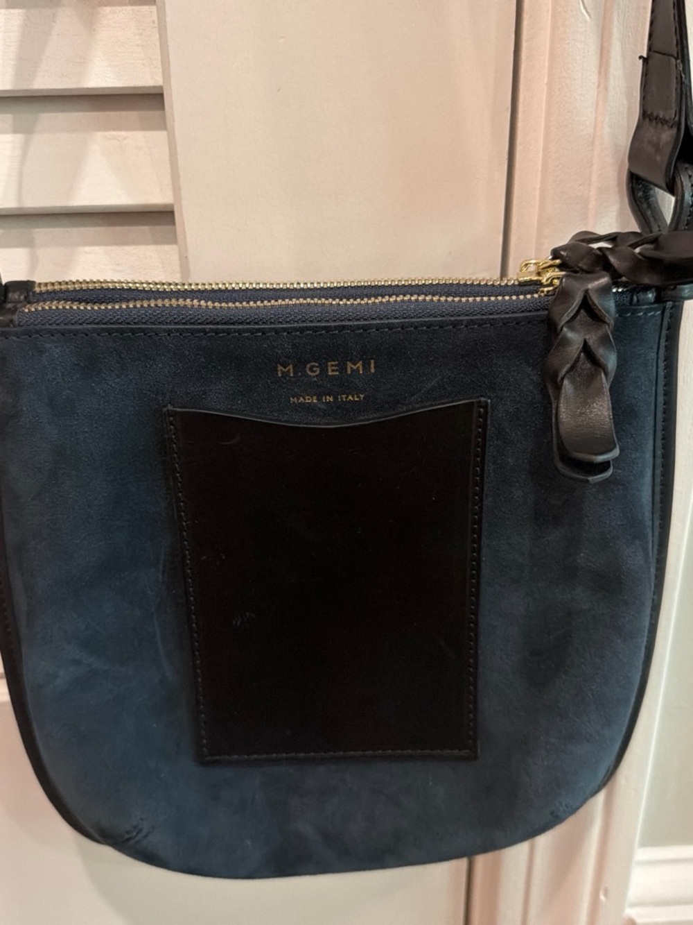 M. Gemi Navy Suede Crossbody with Black Leather Pocket